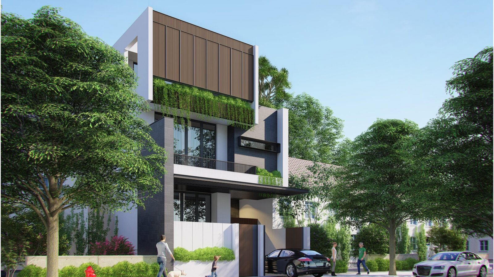 Thiết kế biệt thự hiện đại 3 tầng An Phú Villa Quận 2 - phối cảnh góc nhìn từ đường