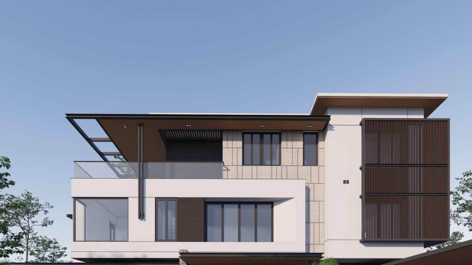 Thiết kế biệt thự hiện đại 3 tầng K11 Villa Thái Sơn - phối cảnh mặt tiền biệt thự và phối cảnh biệt thự và sân vườn