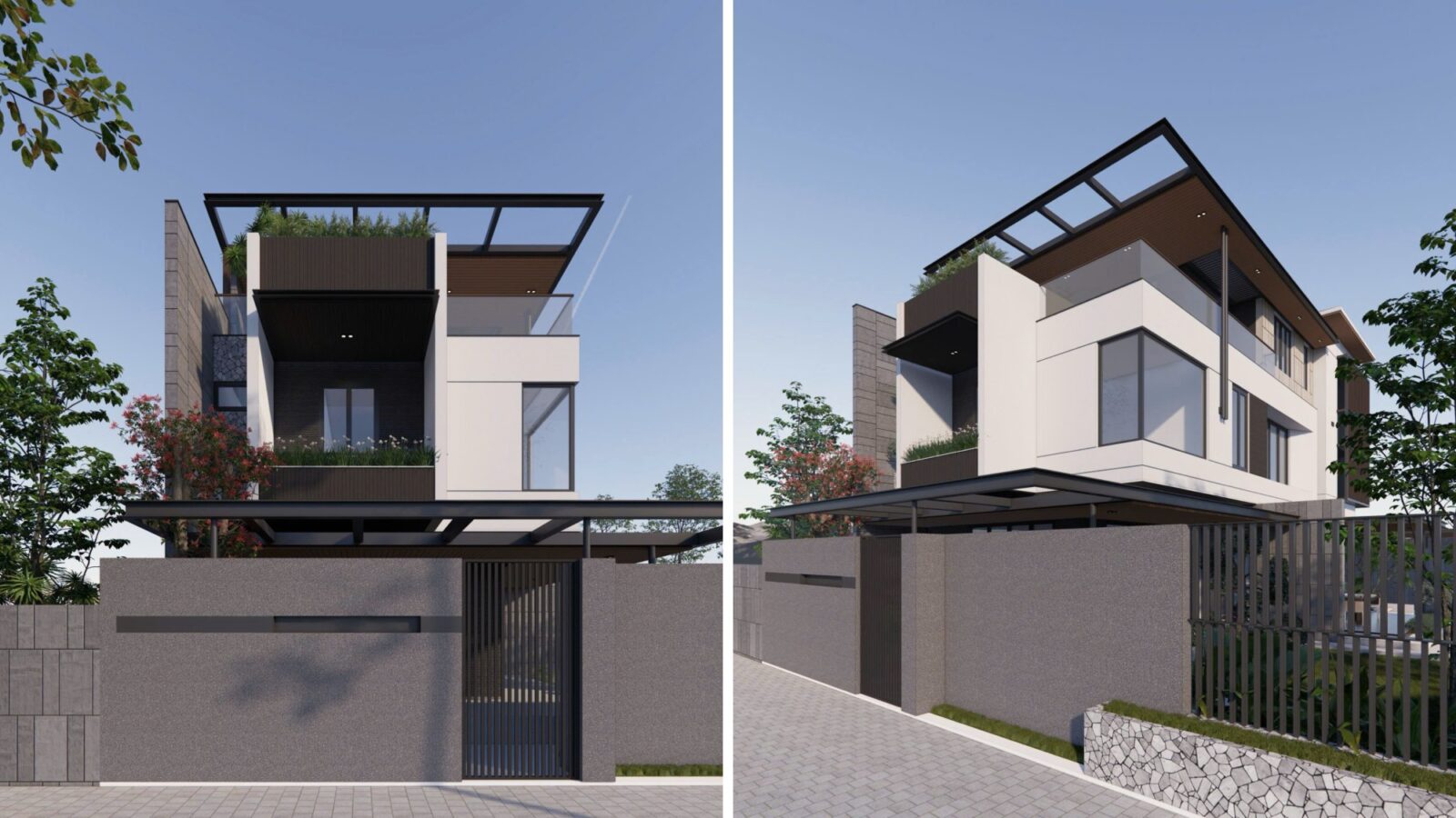 Thiết kế biệt thự hiện đại 3 tầng K11 Villa Thái Sơn - phối cảnh cổng và mặt tiền và phối cảnh nhìn từ đường
