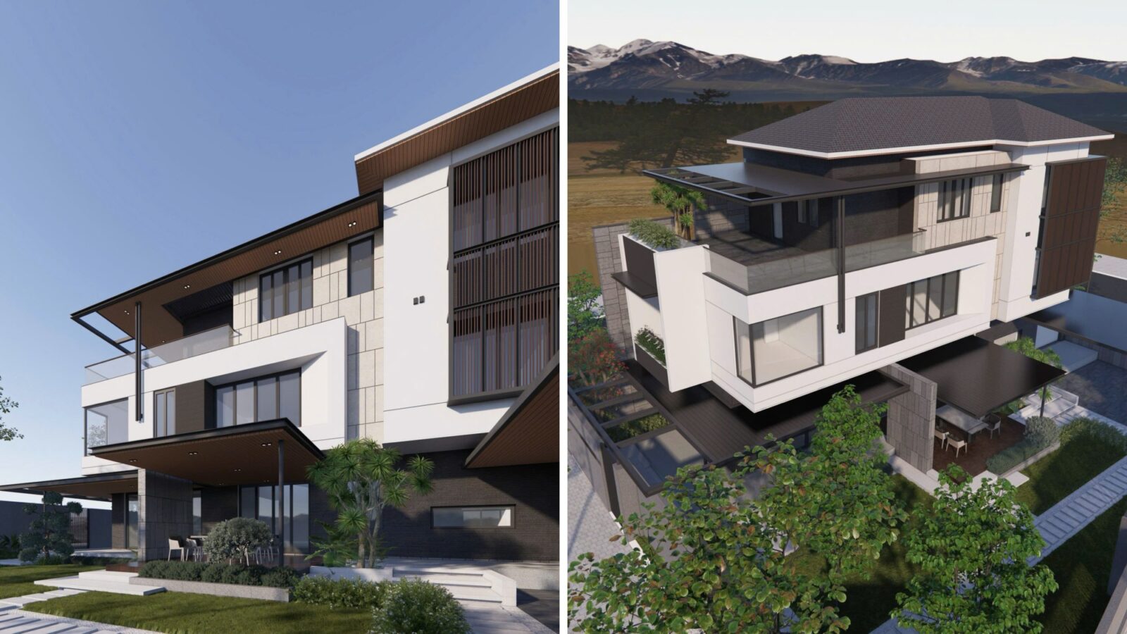 Thiết kế biệt thự hiện đại 3 tầng K11 Villa Thái Sơn - phối cảnh mặt bên và phối cảnh từ trên cao