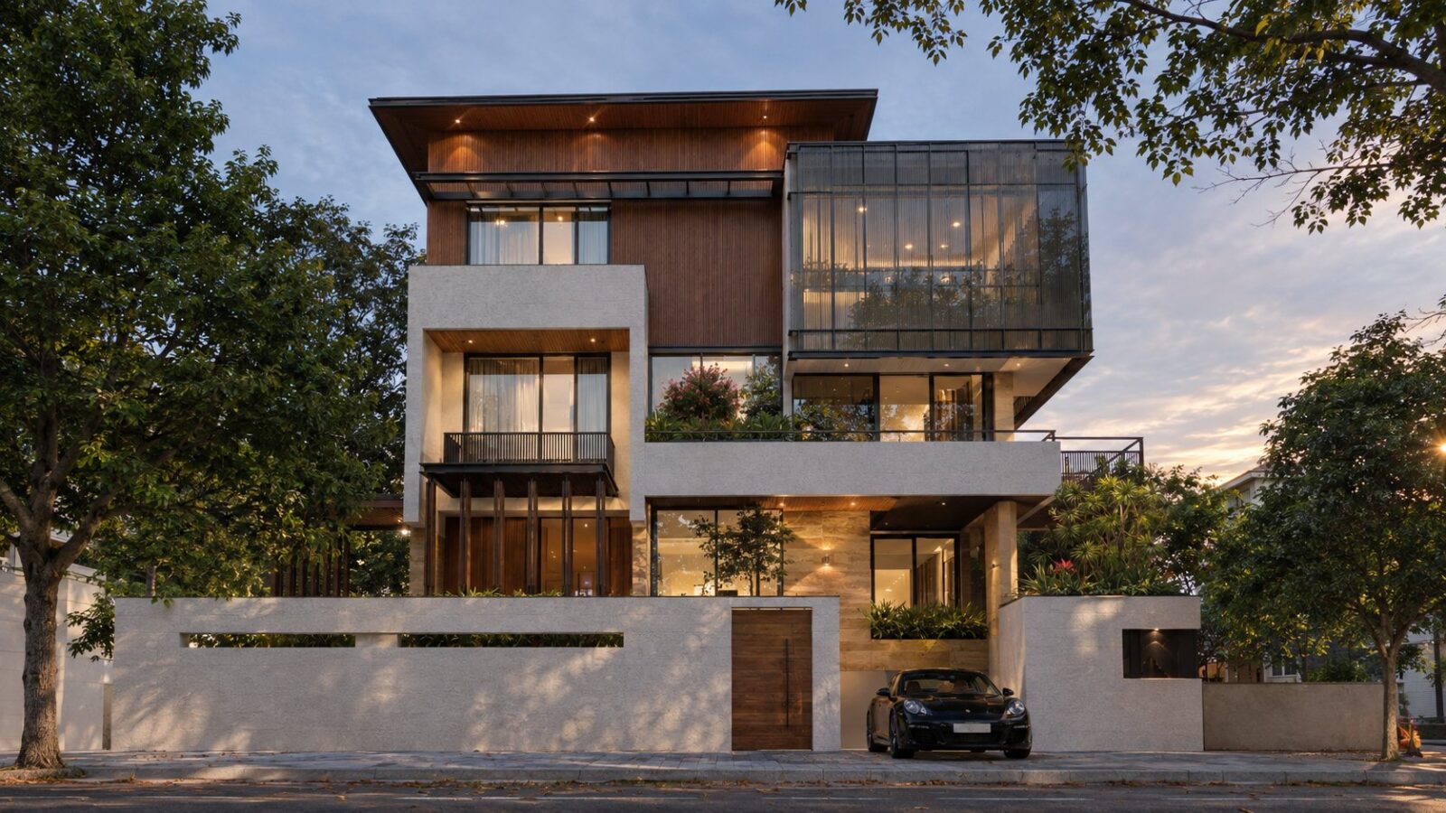 Thiết kế biệt thự hiện đại 3 tầng Khoa Villa Gò Vấp - phối cảnh mặt tiền nhìn chéo