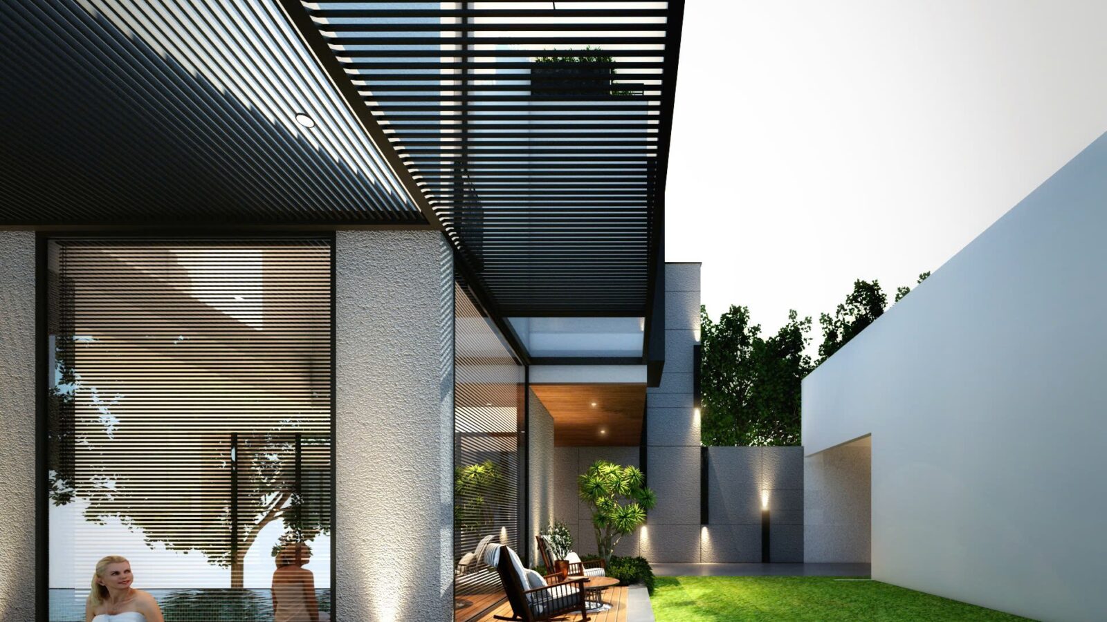 Thiết kế biệt thự hiện đại 3 tầng Mai Villa Nhà Bè - phối cảnh hồ bơi và mái che và phối cảnh hồ bơi nhìn từ sân
