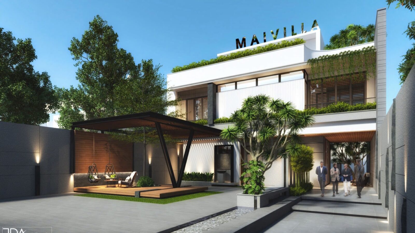 Thiết kế biệt thự hiện đại 3 tầng Mai Villa Nhà Bè - phối cảnh cổng và sân trước