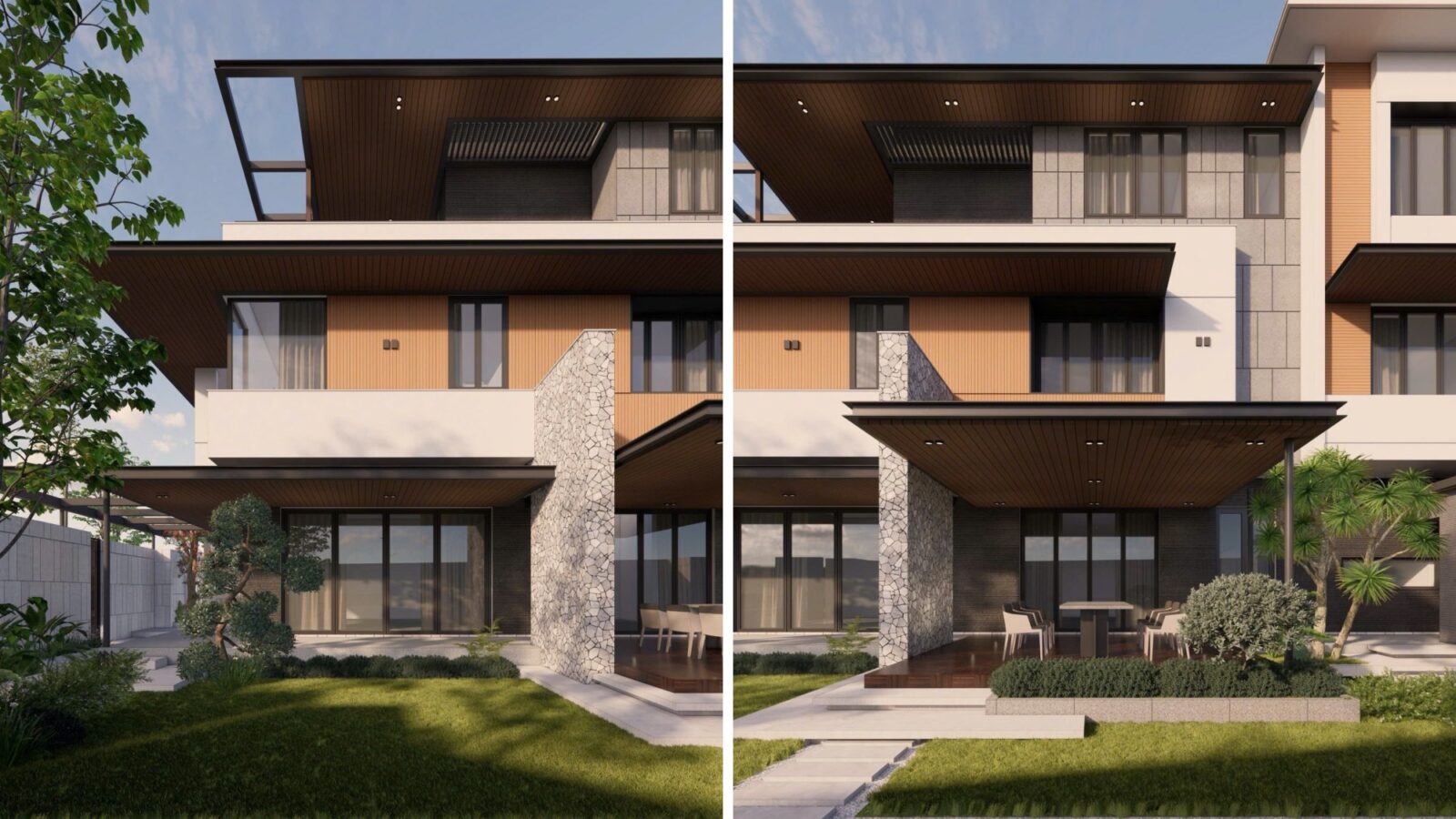 Thiết kế biệt thự hiện đại 3 tầng TS1 Villa Thái Sơn - phối cảnh hiên và sân vườn và chi tiết mặt tiền