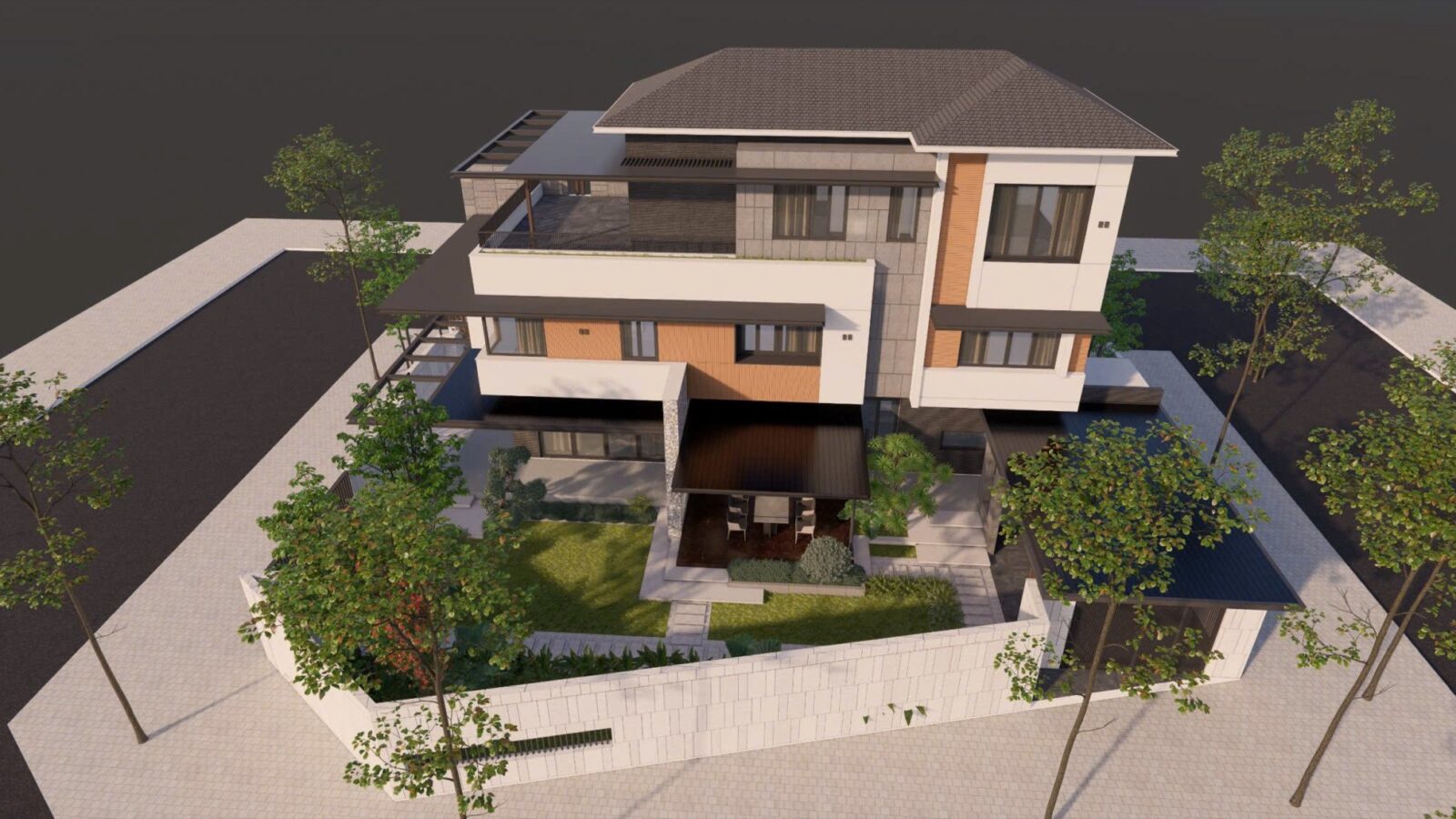 Thiết kế biệt thự hiện đại 3 tầng TS1 Villa Thái Sơn - mặt bằng tổng thể từ trên cao