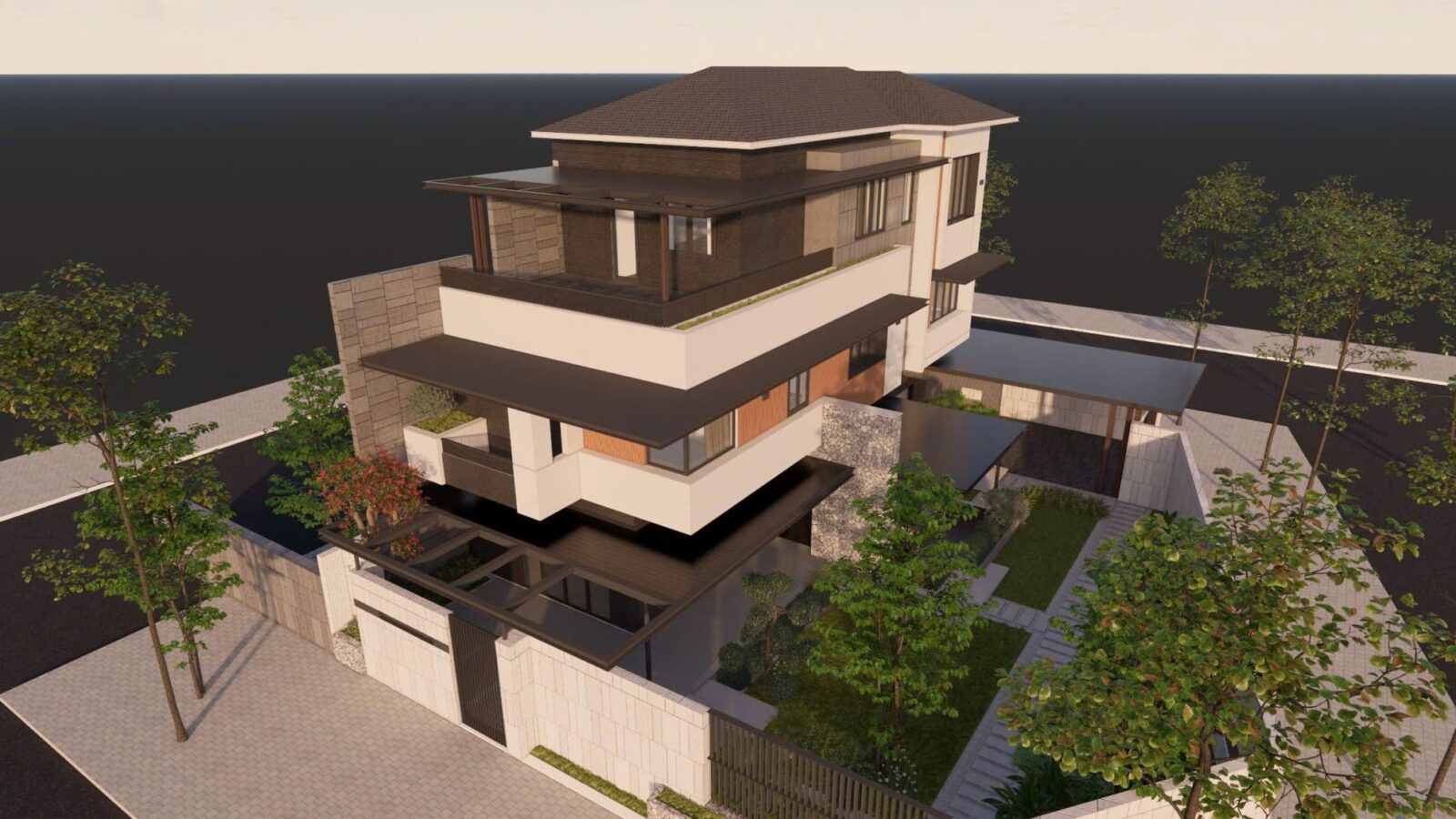 Thiết kế biệt thự hiện đại 3 tầng TS1 Villa Thái Sơn - phối cảnh sân vườn từ trên cao