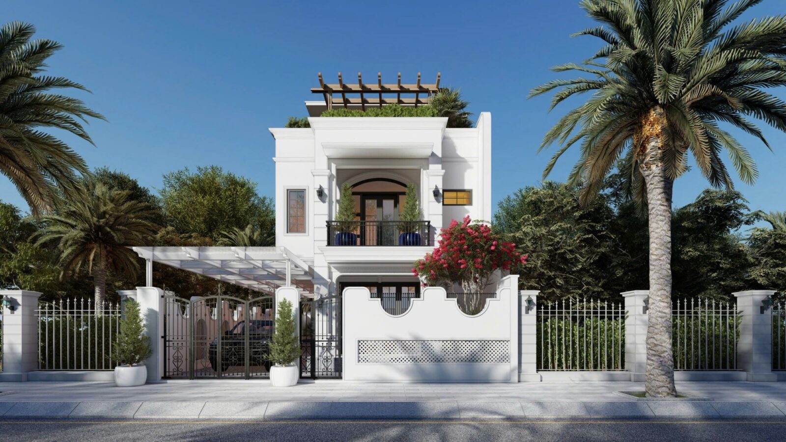Thiết kế biệt thự hiện đại 3 tầng TS2 Villa Thái Sơn - phối cảnh cổng và mặt tiền