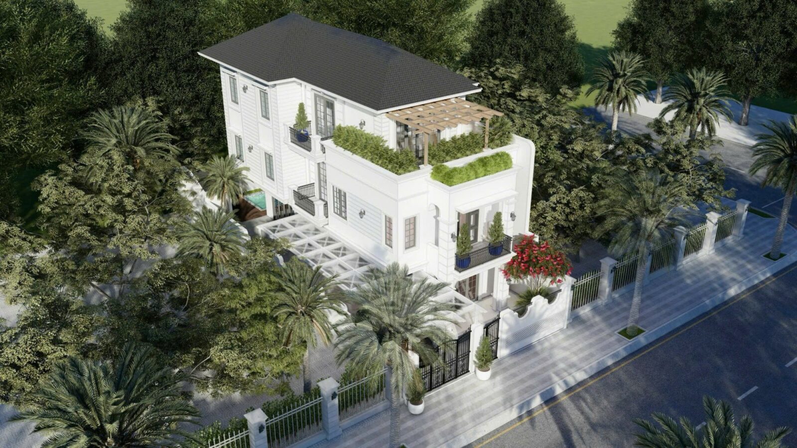 Thiết kế biệt thự hiện đại 3 tầng TS2 Villa Thái Sơn - phối cảnh từ trên cao