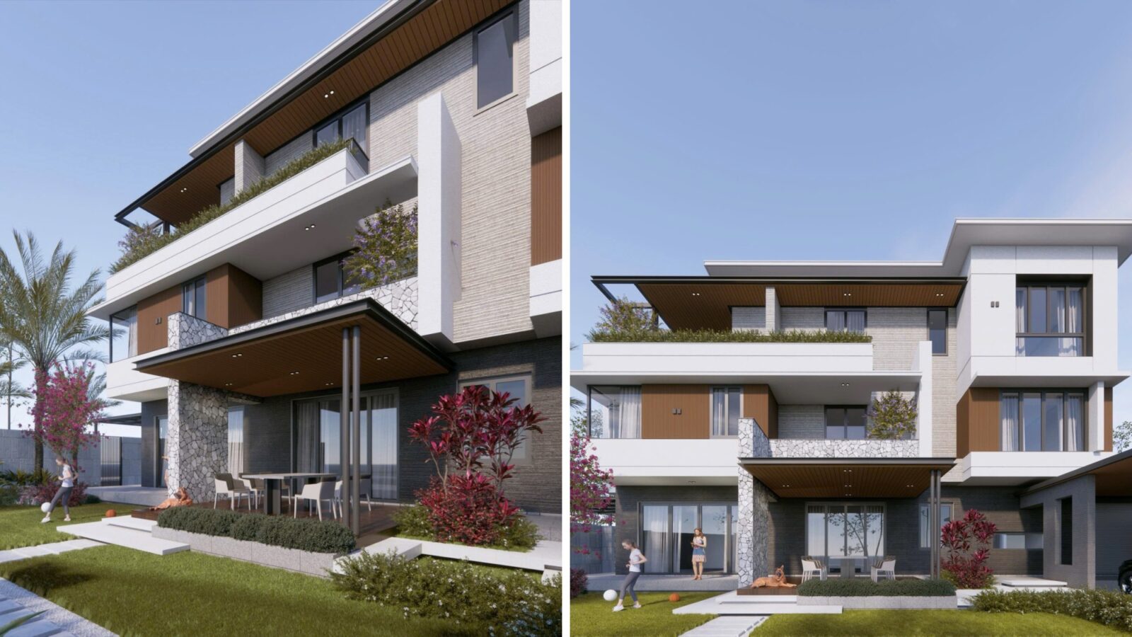 Thiết kế biệt thự hiện đại 3 tầng TS4 Villa Thái Sơn - phối cảnh biệt thự và sân vườn và phối cảnh mặt tiền tầng 3