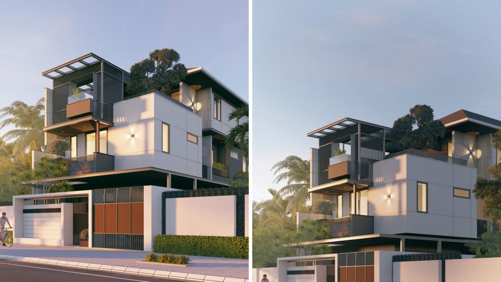 Thiết kế biệt thự hiện đại 3 tầng TS6 Villa Thái Sơn - phối cảnh mặt tiền biệt thự và phối cảnh biệt thự lúc hoàng hôn