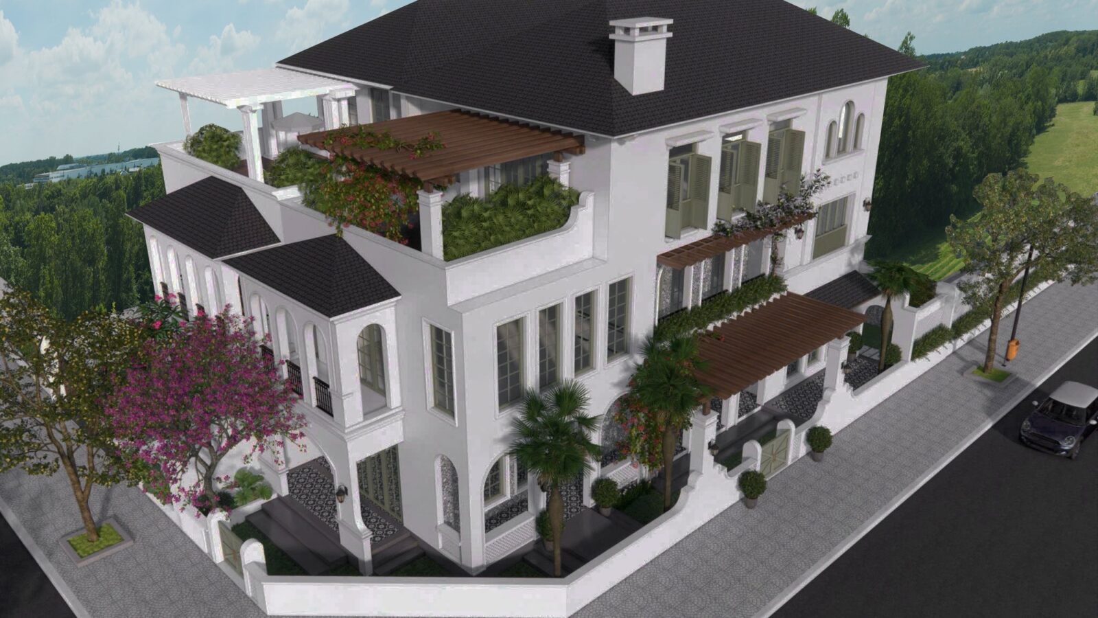 Thiết kế biệt thự phong cách Địa Trung Hải 3 tầng TS5 Villa Thái Sơn - phối cảnh biệt thự góc phố từ trên cao