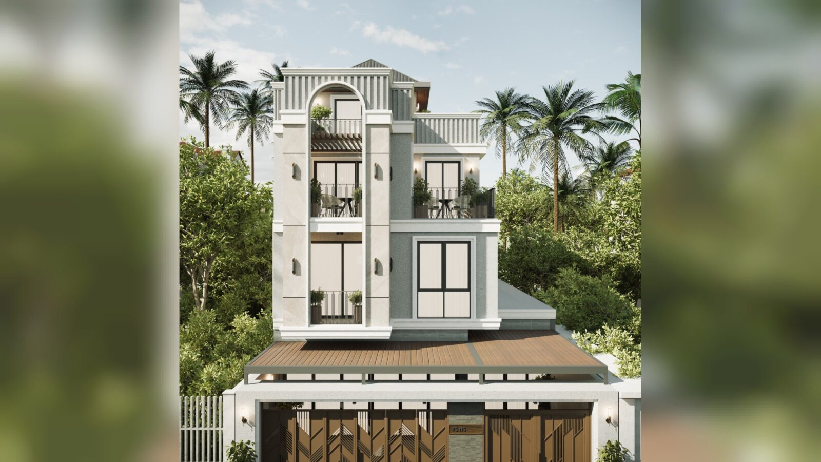 Thiết kế biệt thự tân cổ điển 3 tầng I15 Villa Thái Sơn - phối cảnh tầng thượng và cổng