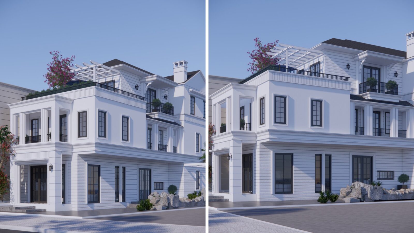 Thiết kế biệt thự tân cổ điển 3 tầng TS3 Villa Thái Sơn - phối cảnh biệt thự góc phố và phối cảnh nhìn chéo