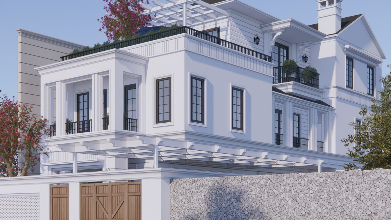 Thiết kế biệt thự tân cổ điển 3 tầng TS3 Villa Thái Sơn - phối cảnh mặt bên và cổng gỗ và chi tiết ban công