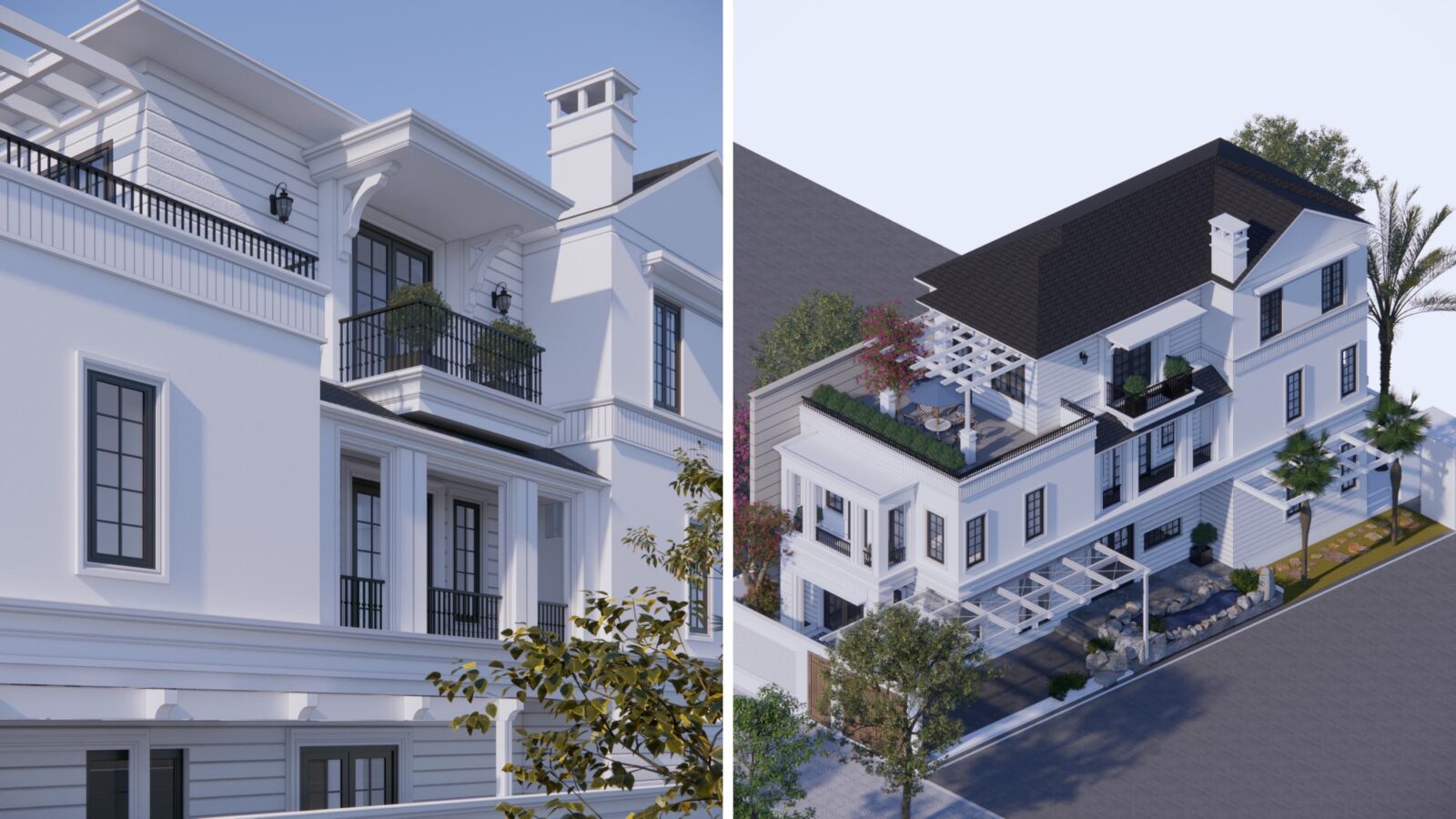 Thiết kế biệt thự tân cổ điển 3 tầng TS3 Villa Thái Sơn - chi tiết mặt tiền và phối cảnh từ trên cao