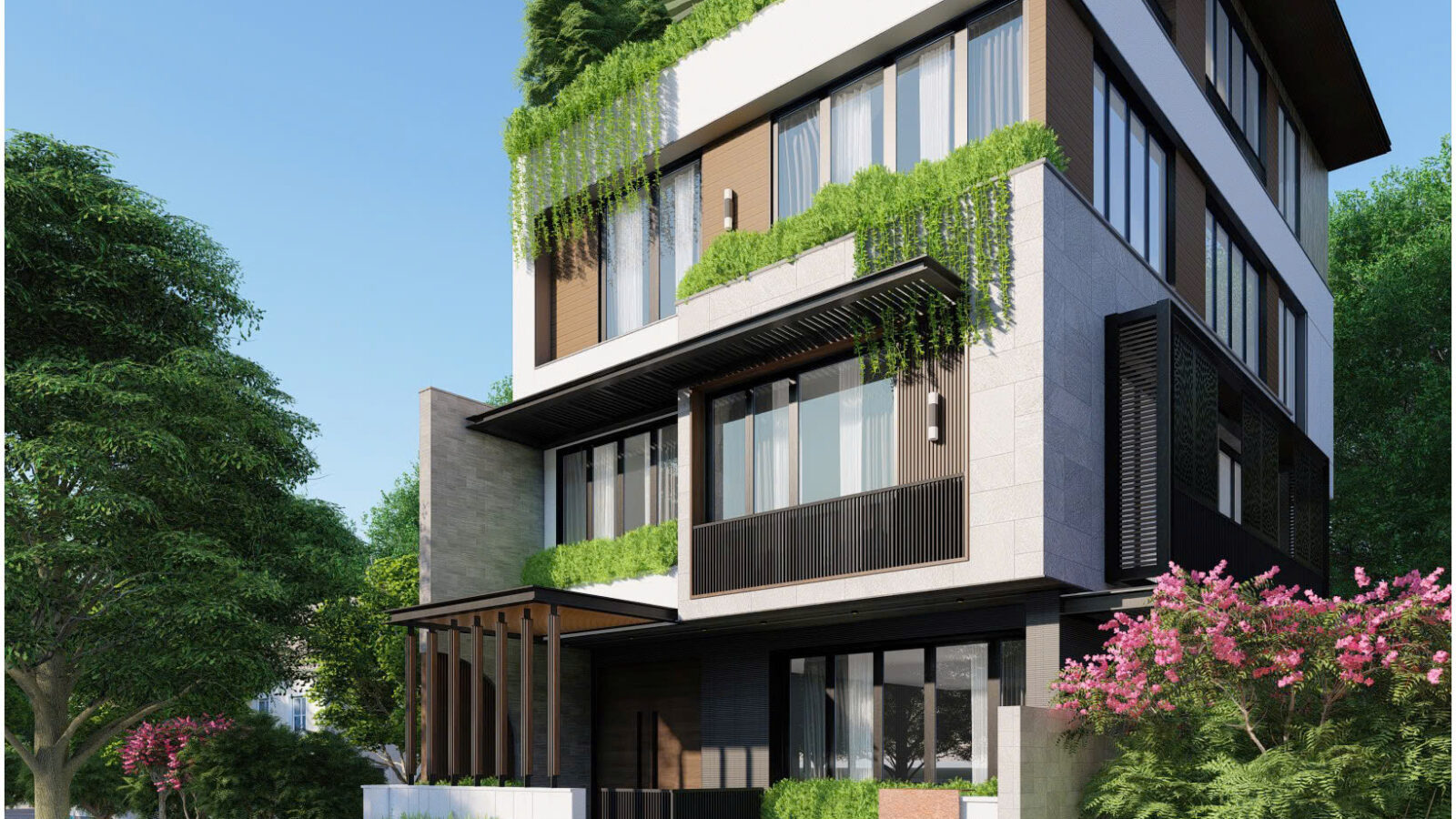 Thiết kế căn hộ dịch vụ cho thuê làm văn phòng 4 tầng tại Thủ Đức - phối cảnh góc nhìn
