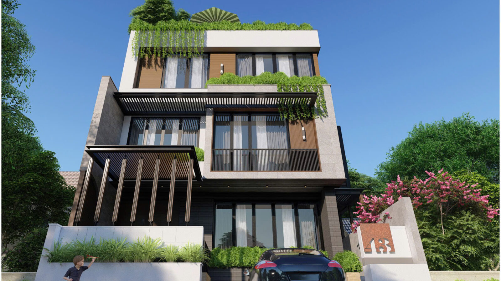 Thiết kế căn hộ dịch vụ cho thuê làm văn phòng 4 tầng tại Thủ Đức - phối cảnh chính diện