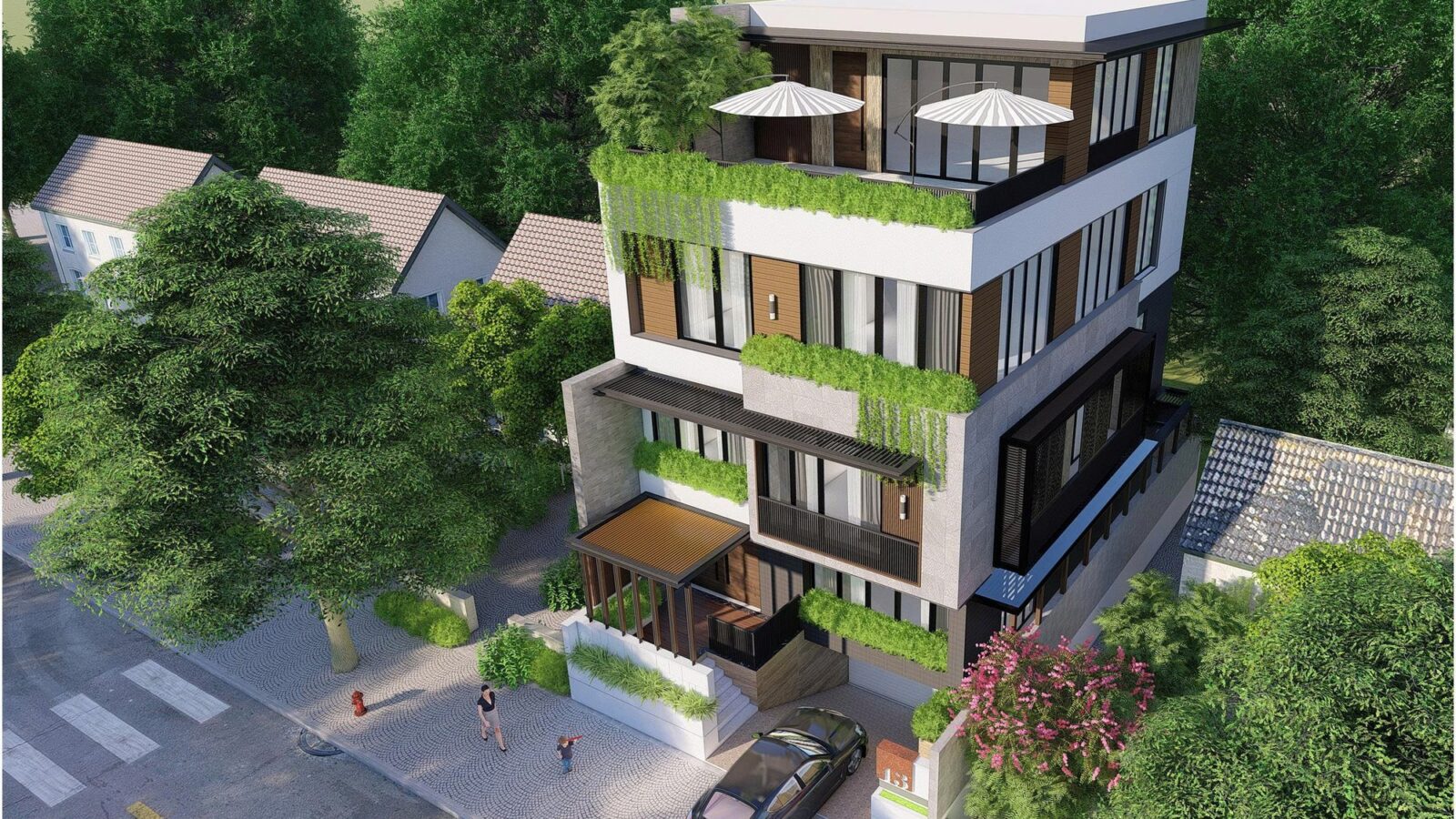 Thiết kế căn hộ dịch vụ cho thuê làm văn phòng 4 tầng tại Thủ Đức - phối cảnh từ trên cao