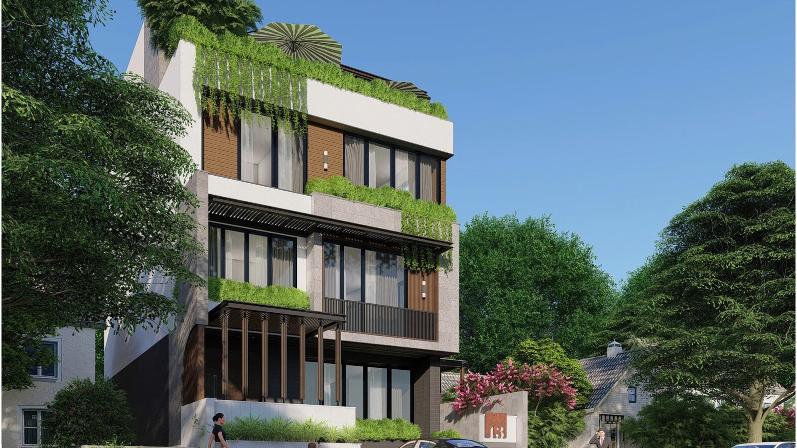 Thiết kế căn hộ dịch vụ cho thuê làm văn phòng 4 tầng tại Thủ Đức - phối cảnh góc phố
