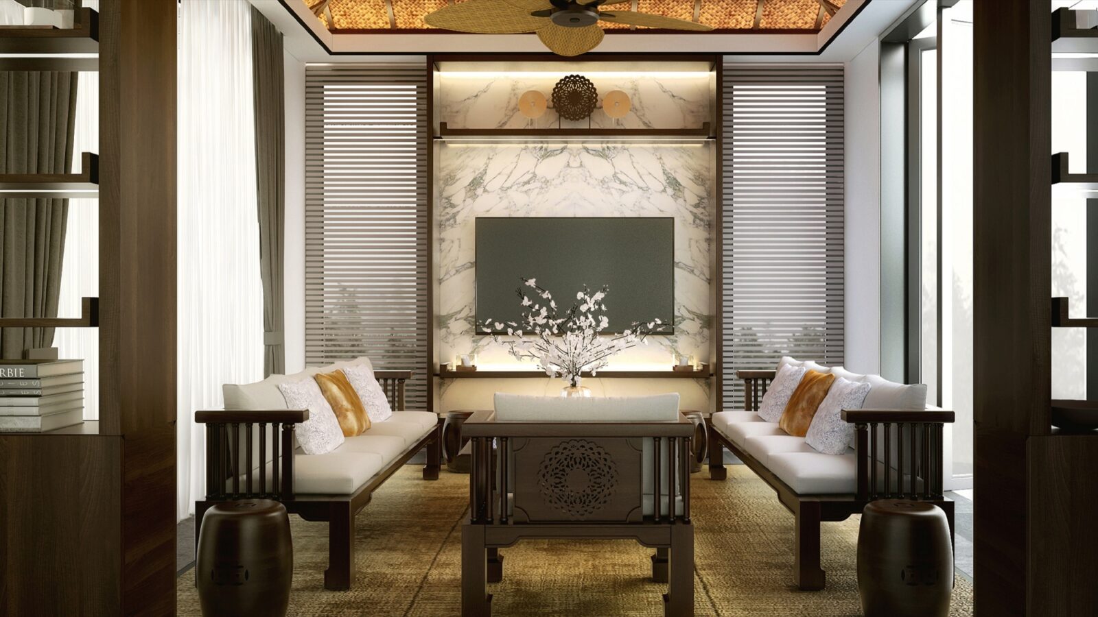 Thiết kế nội thất biệt thự D7 Villa Phú Mỹ Hưng phong cách Indochine - phòng khách trần tre