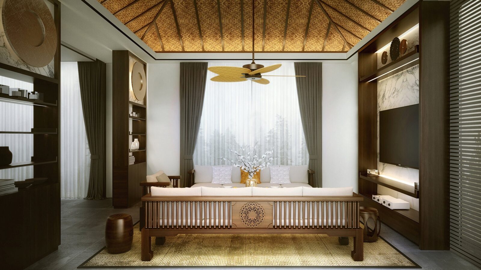 Thiết kế nội thất biệt thự D7 Villa Phú Mỹ Hưng phong cách Indochine - phòng khách nội thất gỗ