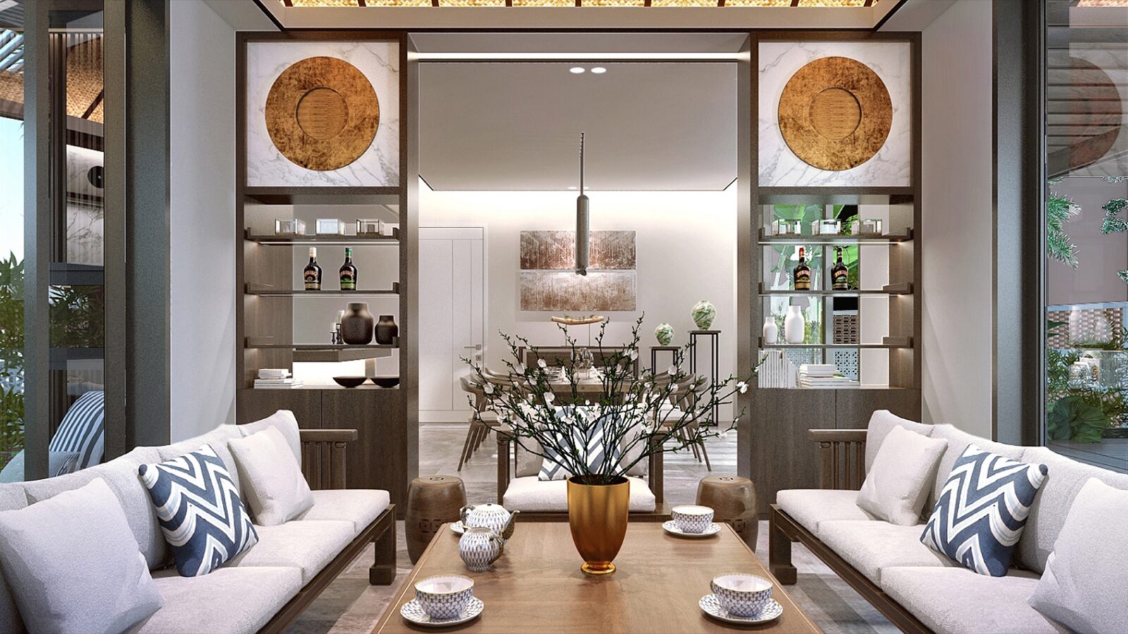 Thiết kế nội thất biệt thự D7 Villa Phú Mỹ Hưng phong cách Indochine - khu tiếp khách
