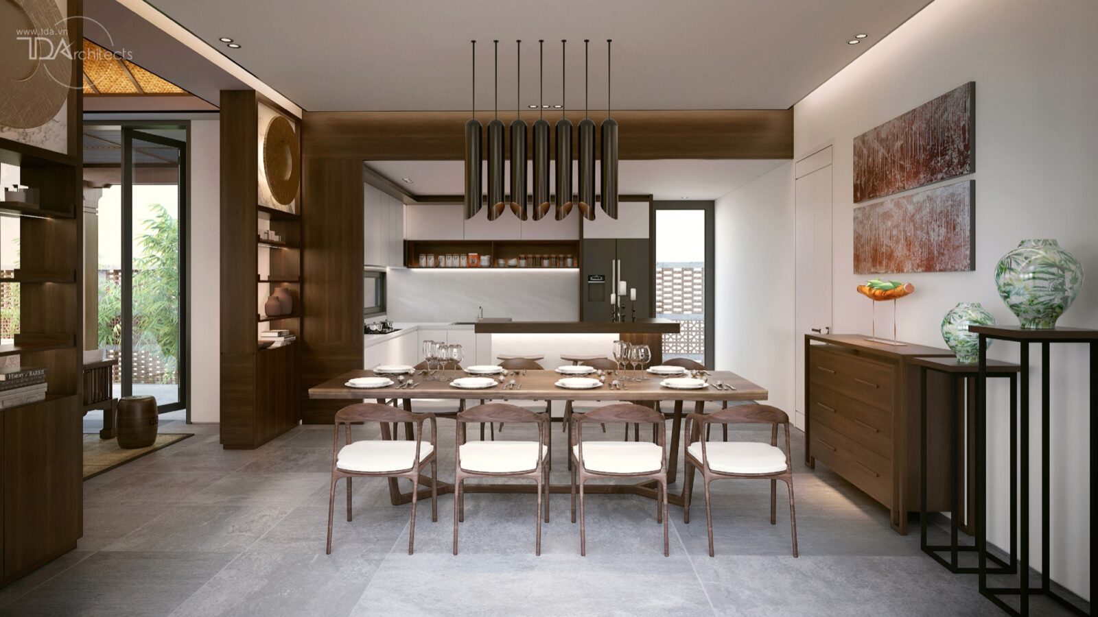 Thiết kế nội thất biệt thự D7 Villa Phú Mỹ Hưng phong cách Indochine - phòng ăn và bếp
