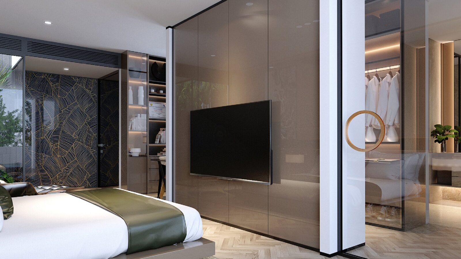 Thiết kế nội thất biệt thự D8 Villa phong cách hiện đại sang trọng - vách TV phòng ngủ