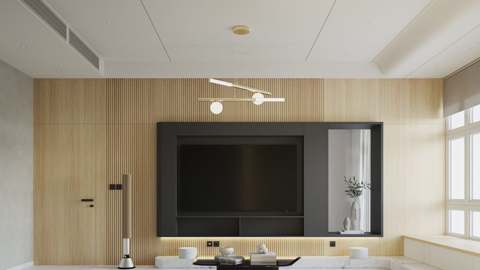 Thiết kế nội thất biệt thự song lập The Peak Garden 140m² hiện đại tân cổ điển - phòng khách và TV
