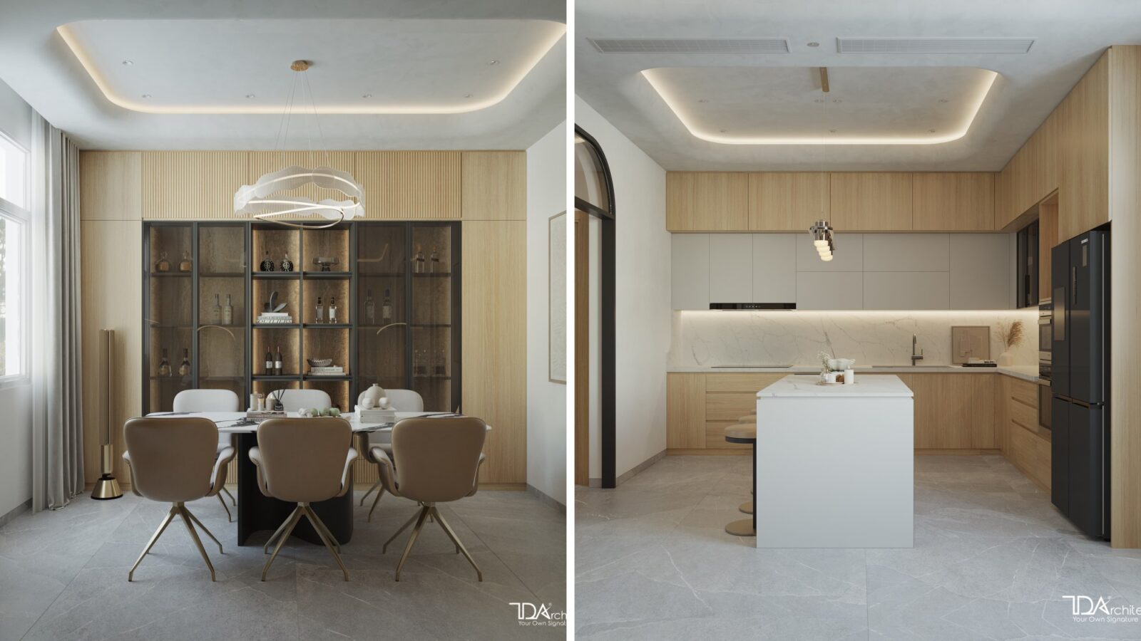 Thiết kế nội thất biệt thự song lập The Peak Garden 140m² hiện đại tân cổ điển - phòng ăn và bếp đảo