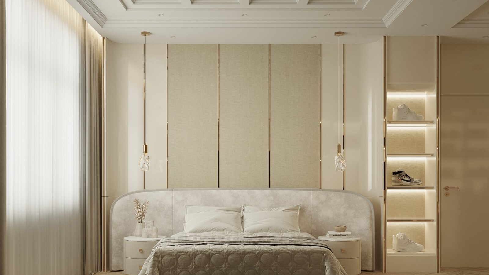 Thiết kế nội thất biệt thự song lập The Peak Garden 140m² hiện đại tân cổ điển - phòng ngủ đầu giường bọc nệm
