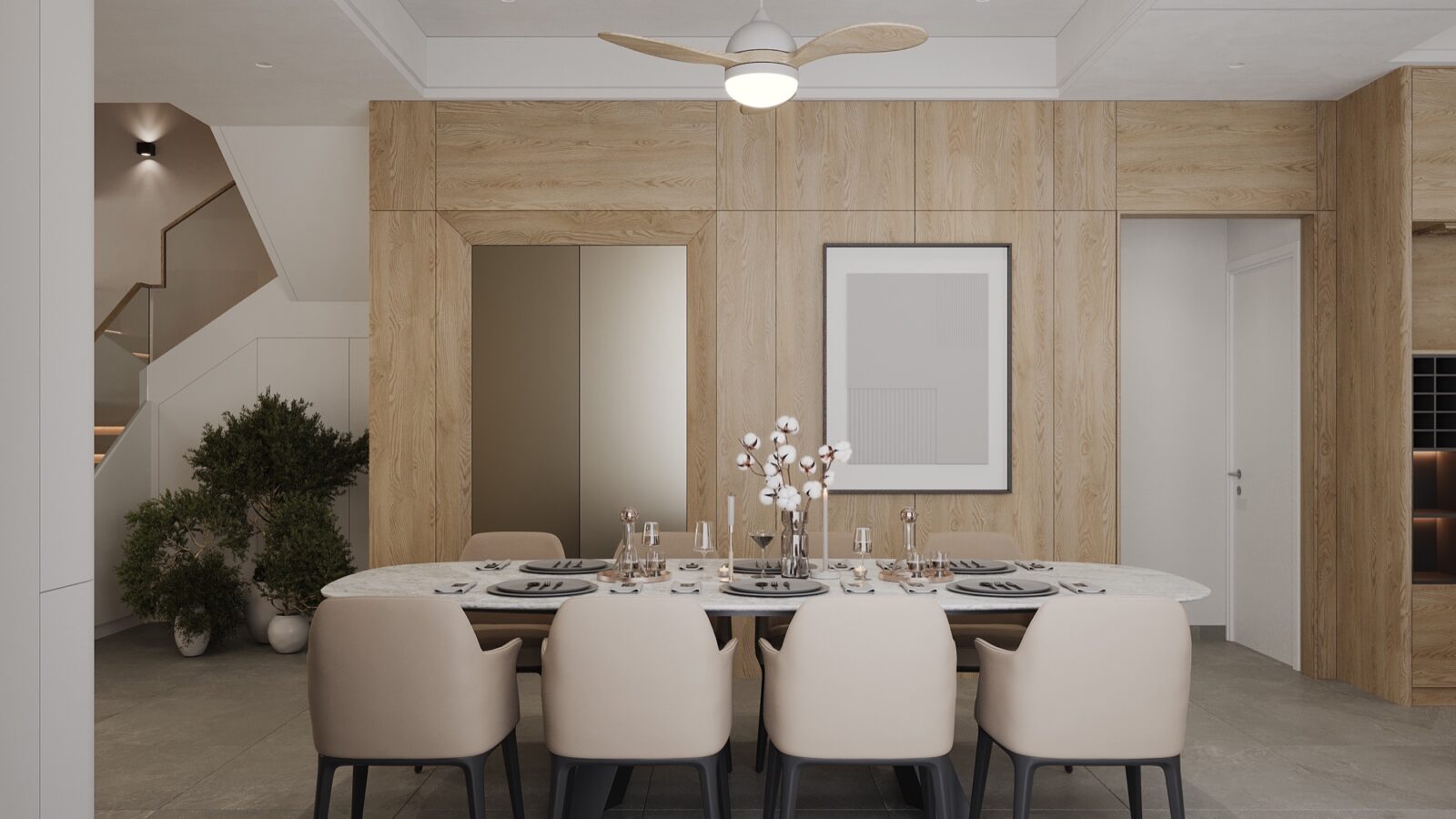Thiết kế nội thất biệt thự Thái Sơn 250m² phong cách hiện đại cho gia đình 3 thế hệ - phòng ăn và cầu thang