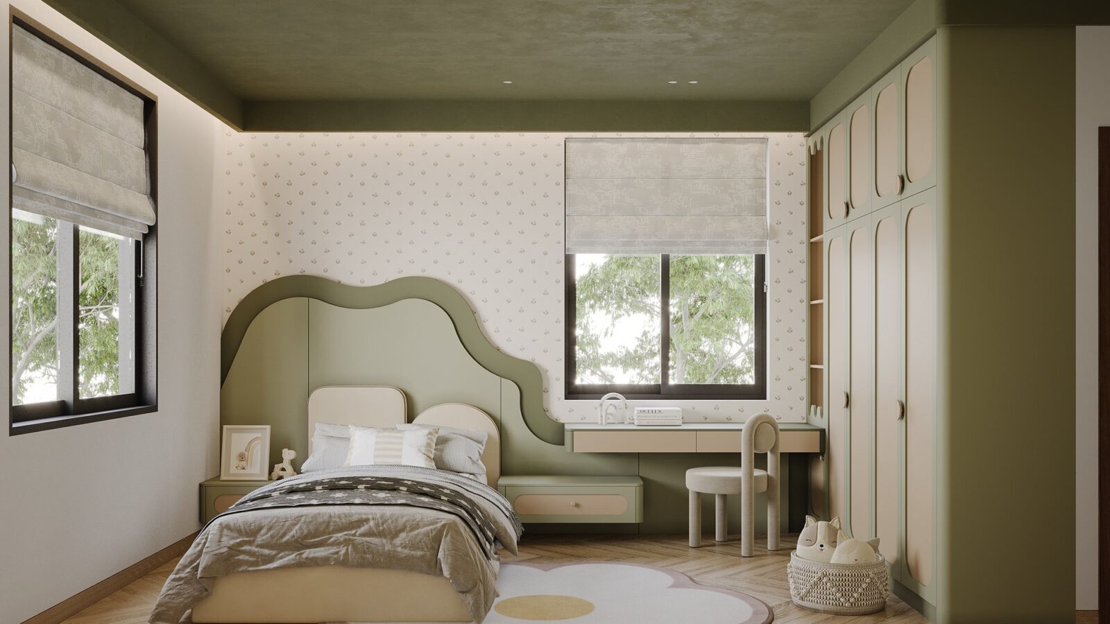 Thiết kế nội thất biệt thự Thái Sơn 250m² phong cách hiện đại cho gia đình 3 thế hệ - phòng ngủ bé tông xanh