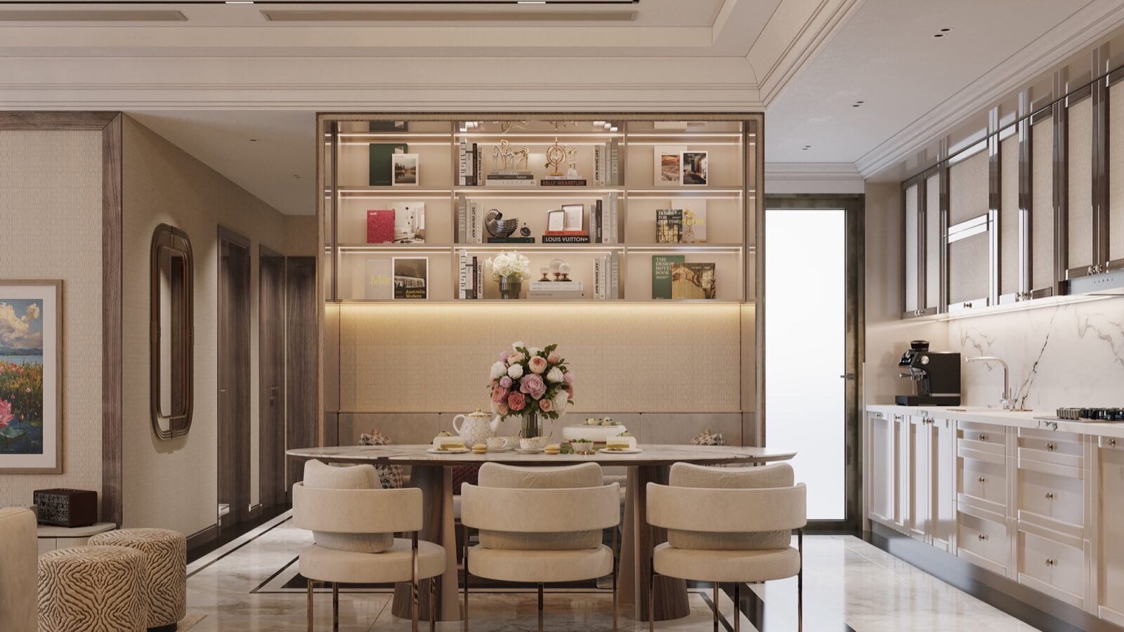 Thiết kế nội thất căn hộ Celesta 115m² 3 phòng ngủ phong cách tân cổ điển - phòng ăn và kệ trang trí