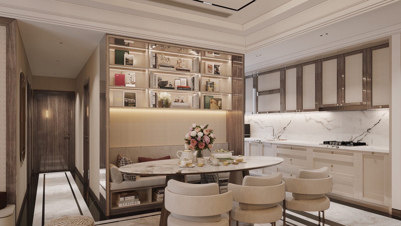 Thiết kế nội thất căn hộ Celesta 115m² 3 phòng ngủ phong cách tân cổ điển - phòng ăn và bếp