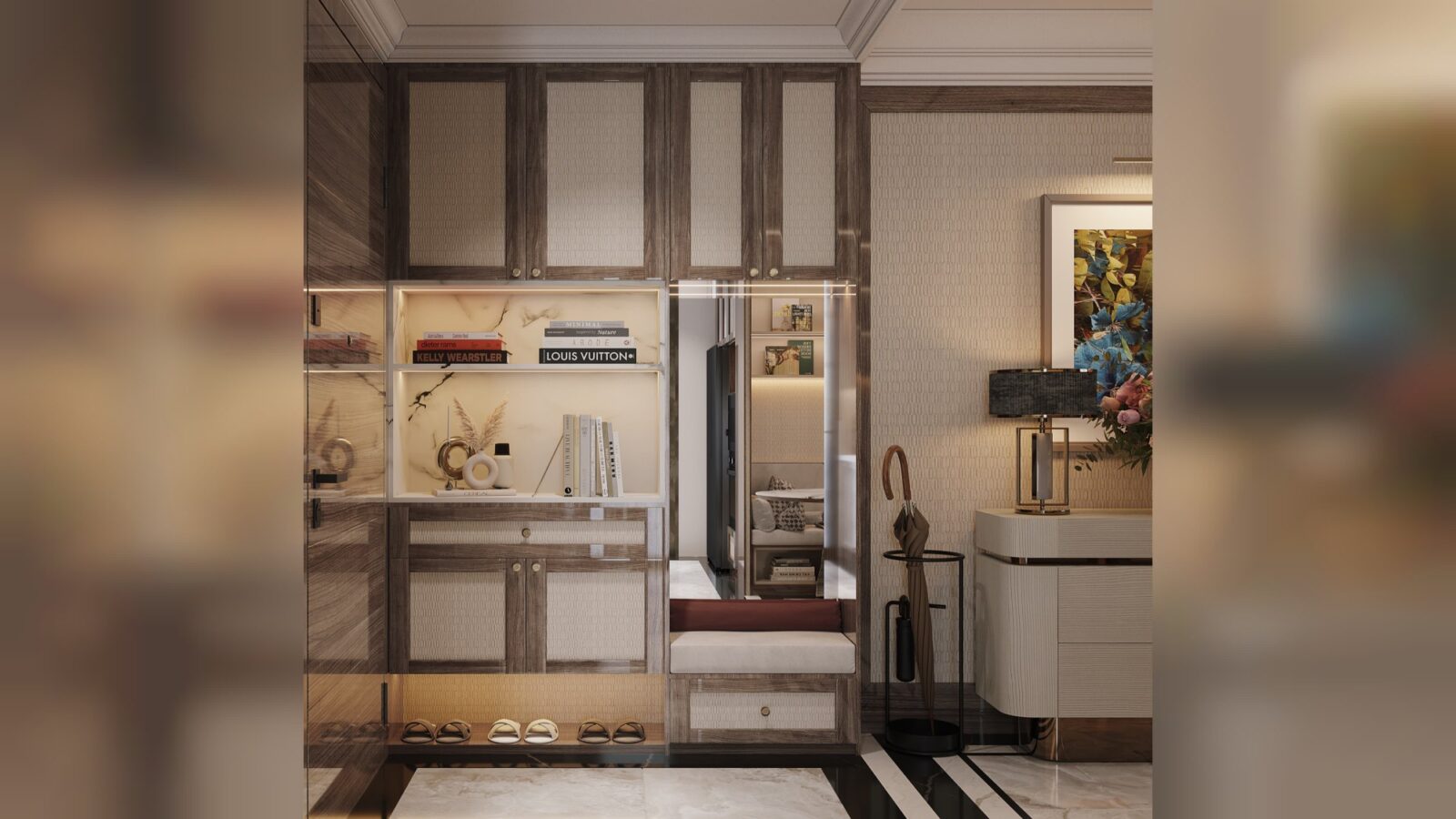 Thiết kế nội thất căn hộ Celesta 115m² 3 phòng ngủ phong cách tân cổ điển - vách kệ lối vào