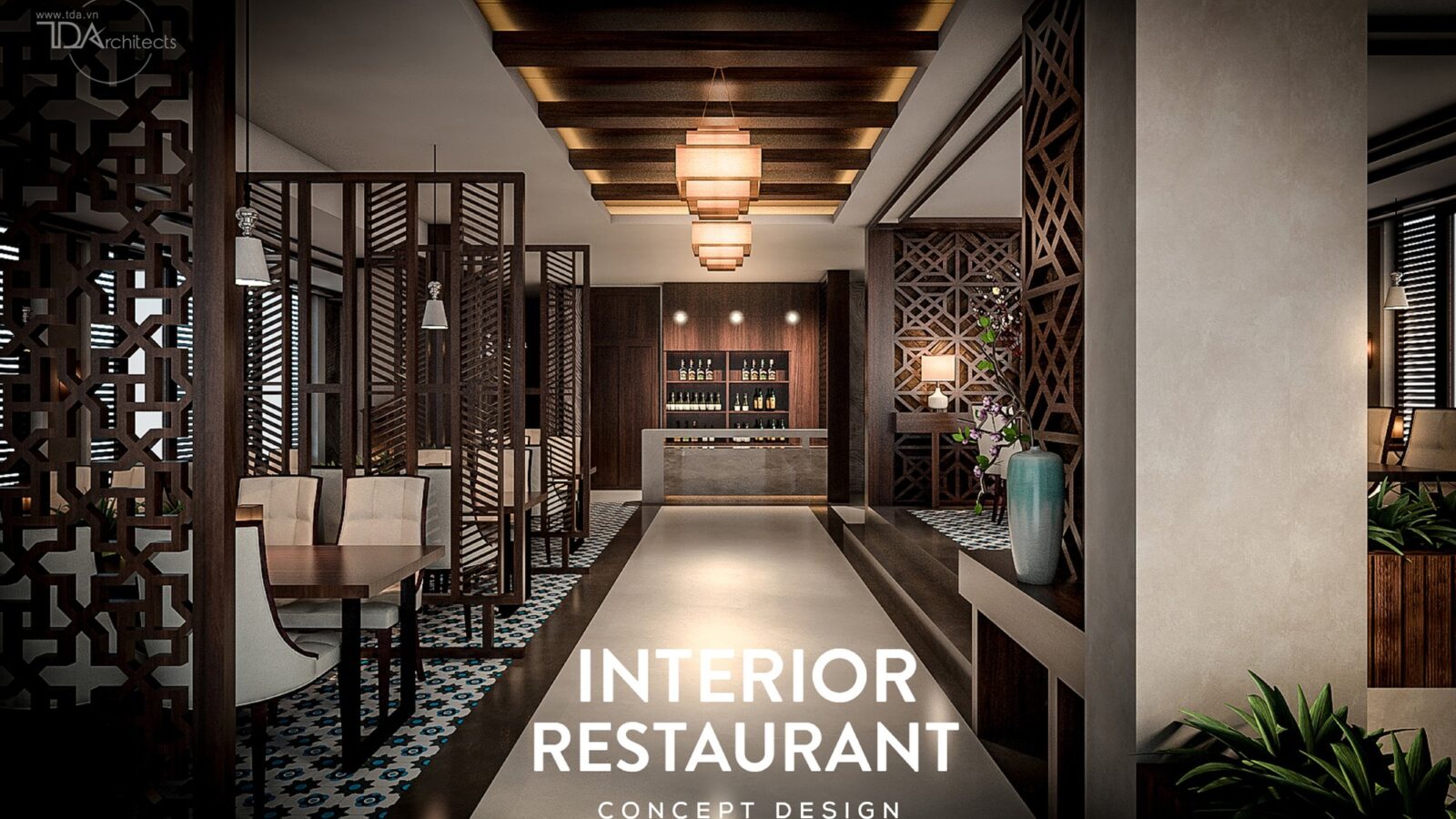Thiết kế nội thất nhà hàng Dimsum phong cách Trung Hoa hiện đại tại Quận 5 - phối cảnh lối đi giữa nhà hàng