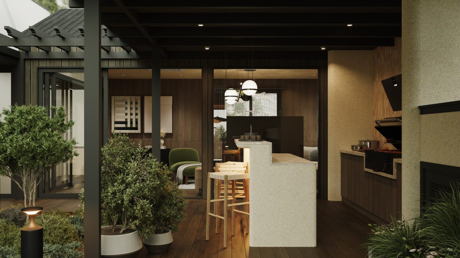 Thiết kế nội thất sân thượng nhà phố Thảo Điền phong cách Wabi-sabi - khu bếp và sân vườn