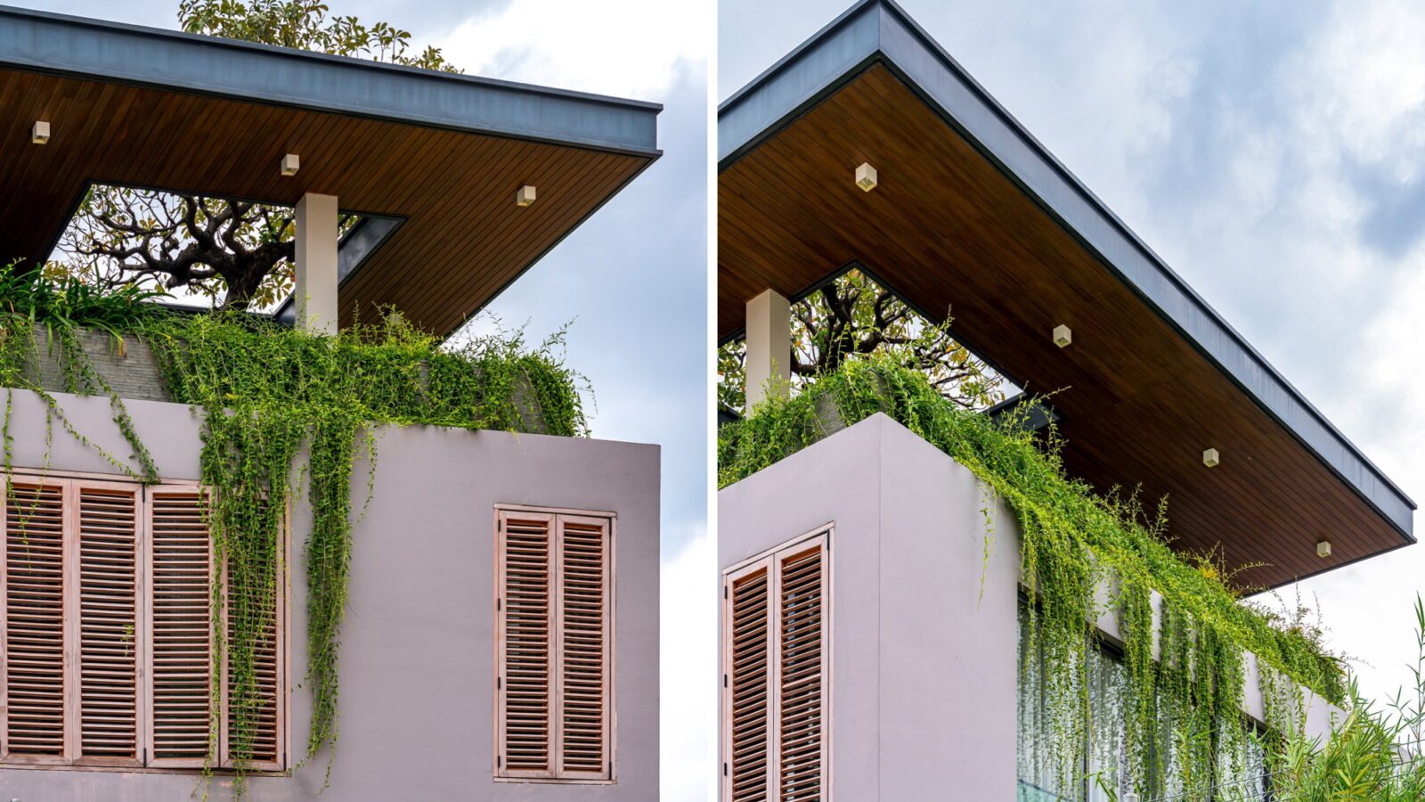 Thiết kế thi công biệt thự hiện đại nhiệt đới 3 tầng Duyet Villa Biên Hòa - mặt đứng và mái đua và mảng xanh tầng thượng