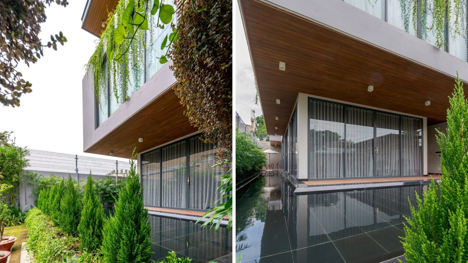 Thiết kế thi công biệt thự hiện đại nhiệt đới 3 tầng Duyet Villa Biên Hòa - mảng xanh ban công và mái hiên gỗ và hồ nước