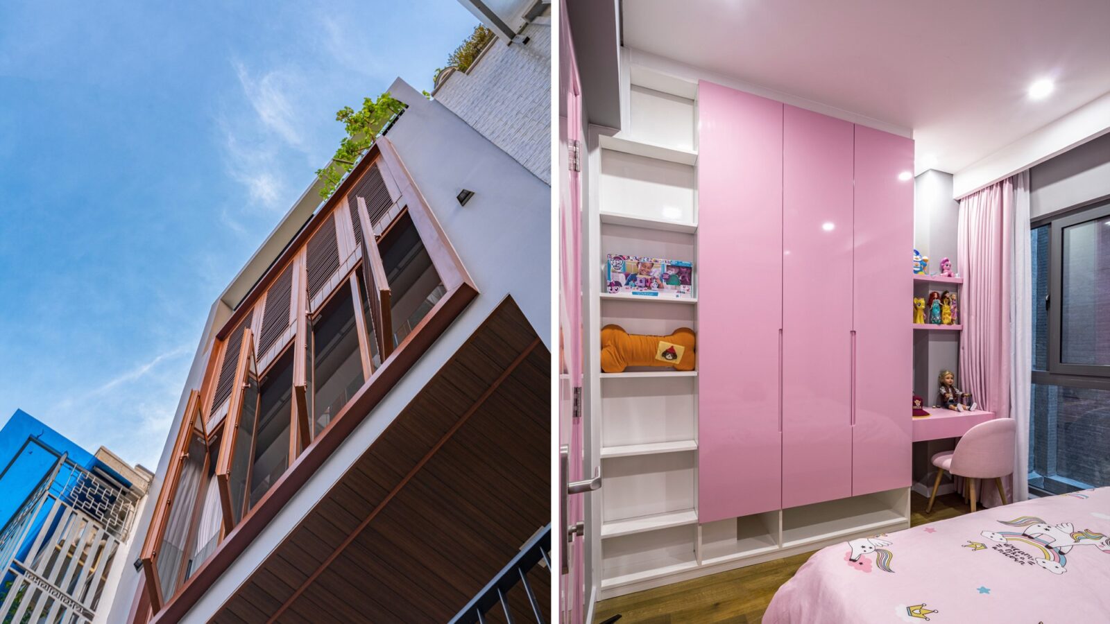 Thiết kế thi công nhà phố hiện đại 5 tầng Khánh House tại Bình Thạnh - hệ lam gỗ nhìn từ dưới lên và phòng ngủ bé gái