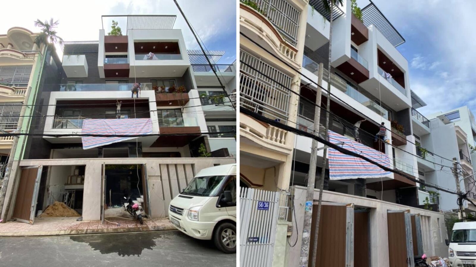 Thiết kế thi công nhà phố hiện đại 6 tầng SK Homes tại Tân Bình - mặt tiền khi thi công và mặt tiền và cổng gỗ